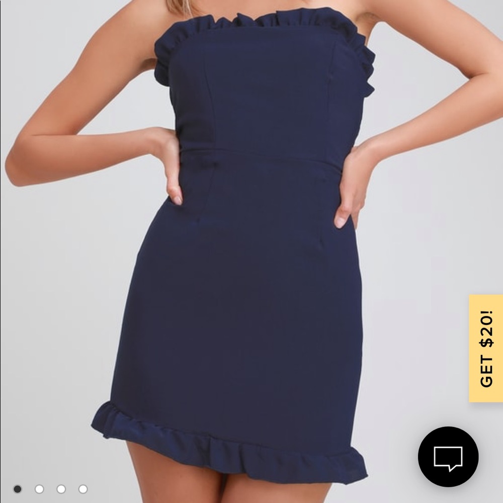 Lulu’s Navy Blue Strapless Ruffled Bodycon Dress